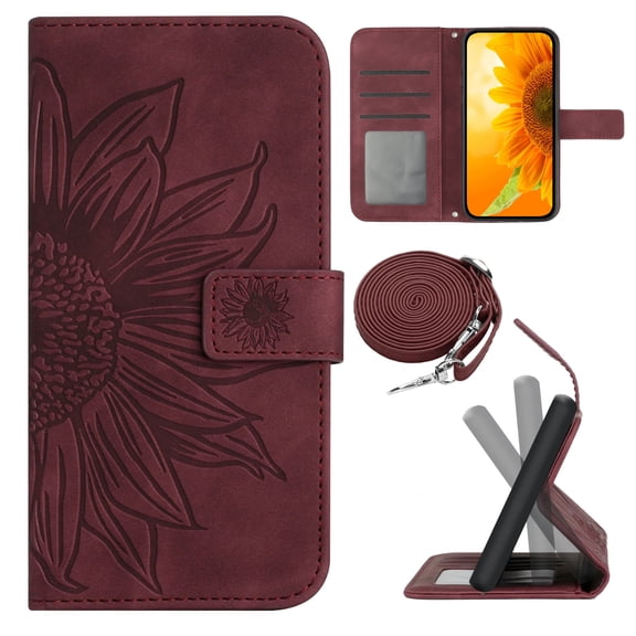 for Samsung Galaxy A17 5G Case with Adjustable Crossbody Strap, Wallet Case Flip Case PU Leather Embossed Flowers Folio Magnetic Kickstand Cover Card Slots for Samsung Galaxy A17 5G, Winered