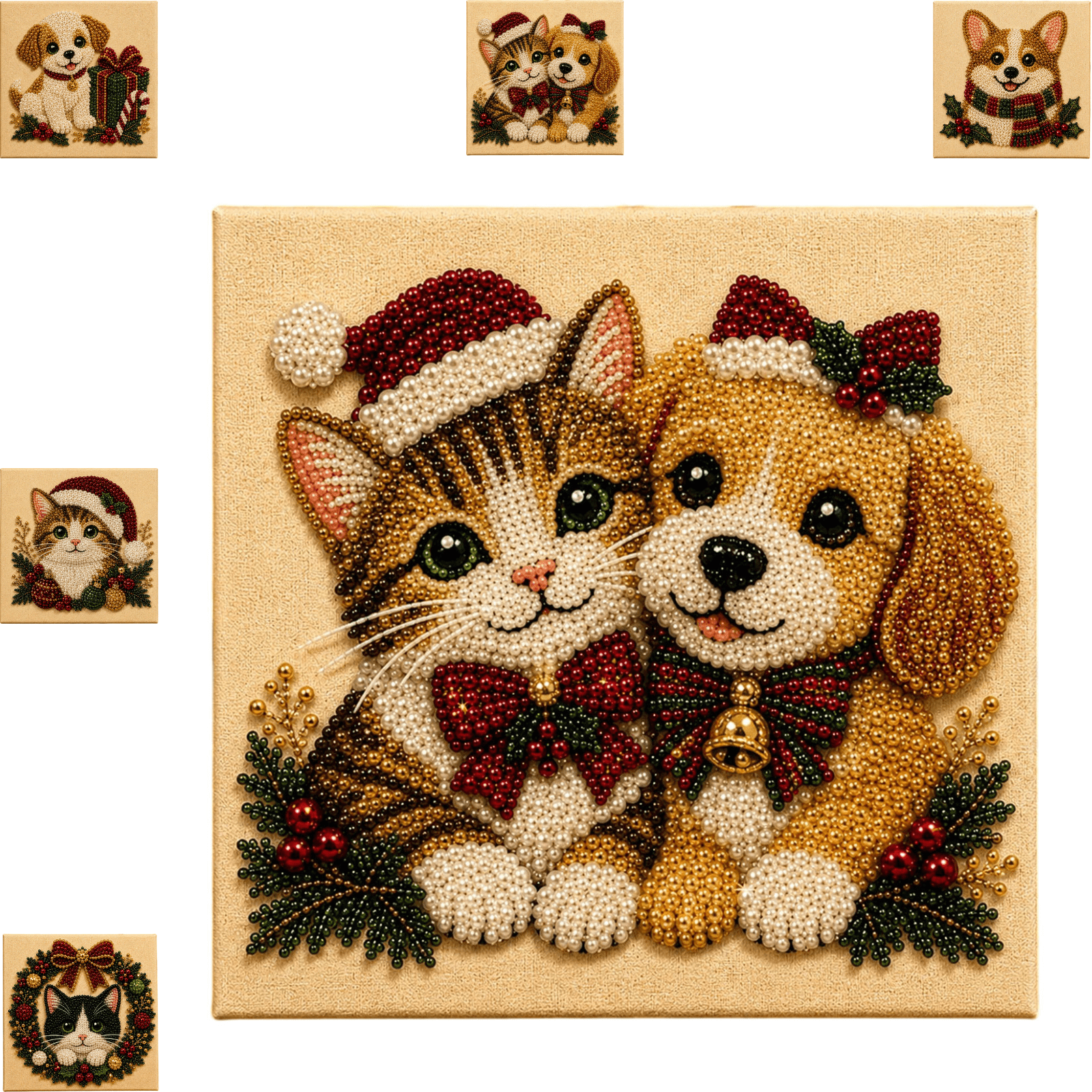 Christmas Cat Dog Pearl Art DIY Kit Christmas Decor Diamond Painting Kit Christmas Decorations Indoor Home Decor & Wall Decor All-in-One Plastic Drill Craft Set as Housewarming Holiday Present-A