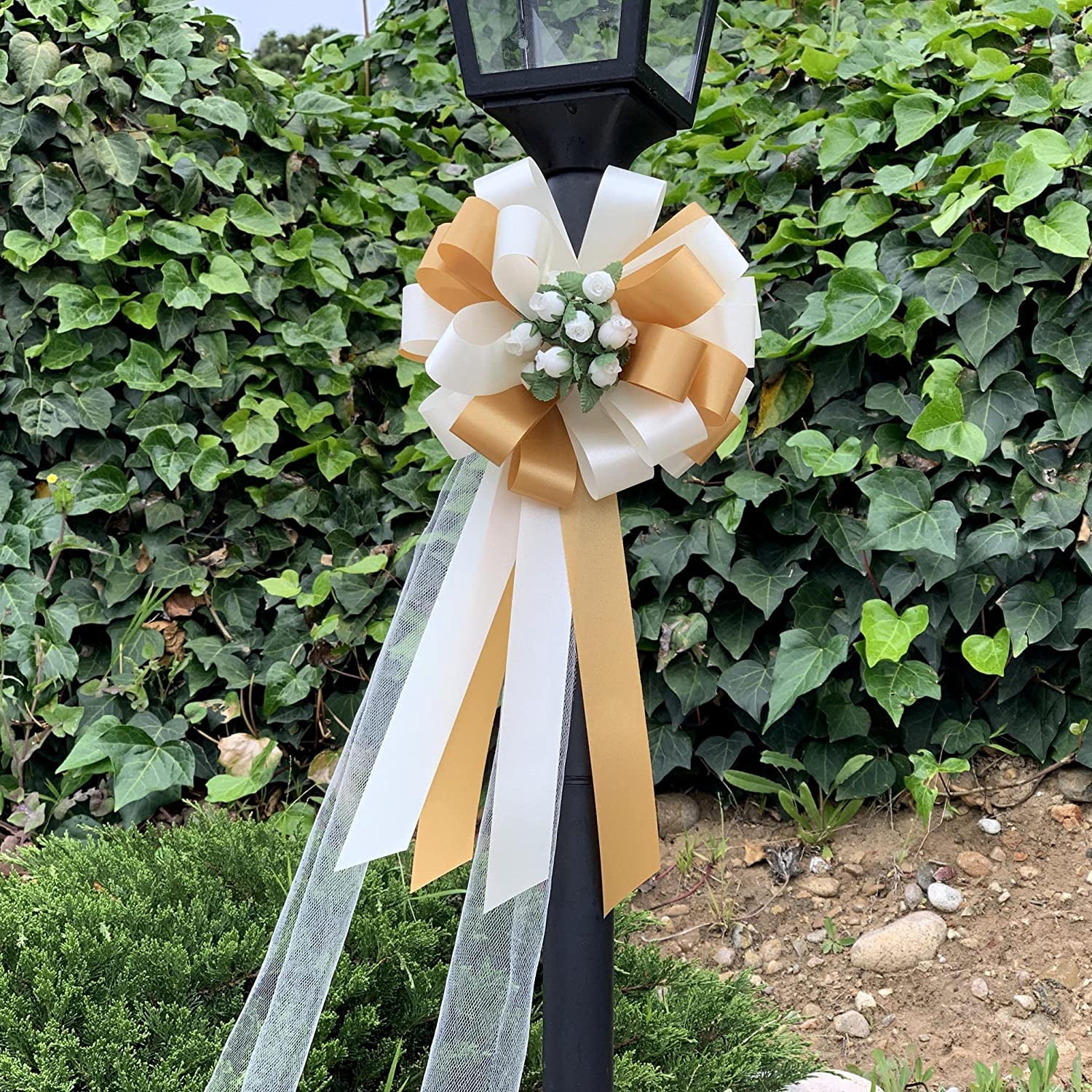 Ivory and Gold Wedding Pull Bows with Tulle Tails and Rosebuds - 8" Wide, Set of 6, Pew Bows, Christmas