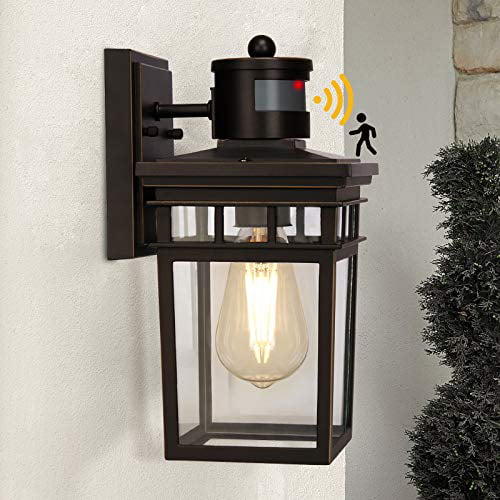 Motion Sensor Outdoor Wall Lantern Dusk To Dawn Exterior Light Fixture Sconce With Glass Shade Activated Porch For Doorway Garage 6w Led Bulb Included - Exterior Led Wall Lights With Sensor