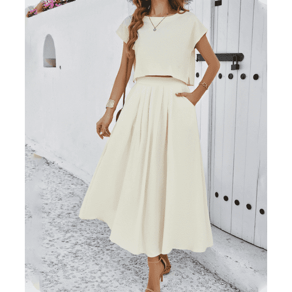 Summer Skirt Sets Women 2 Piece Outfits Cap Sleeve Top Elastic Waist Maxi Dress Sets with Pockets