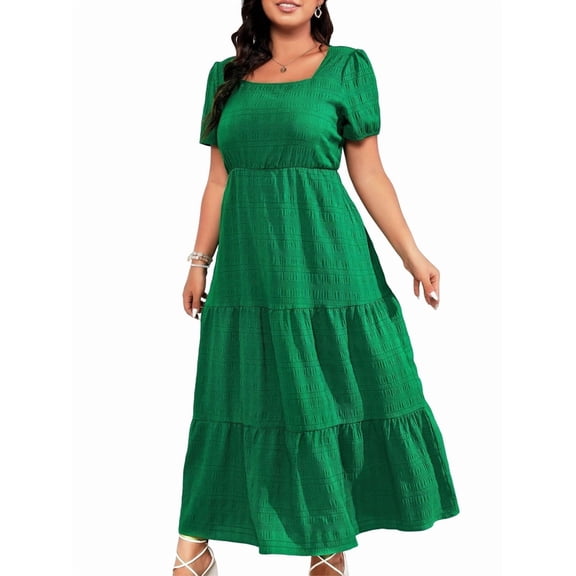 Women'S Square Neck Tiered Swing Maxi Dress Loose Fit Casual Smocked Back Sleeveless Beach Sun Dresses Green 4XL