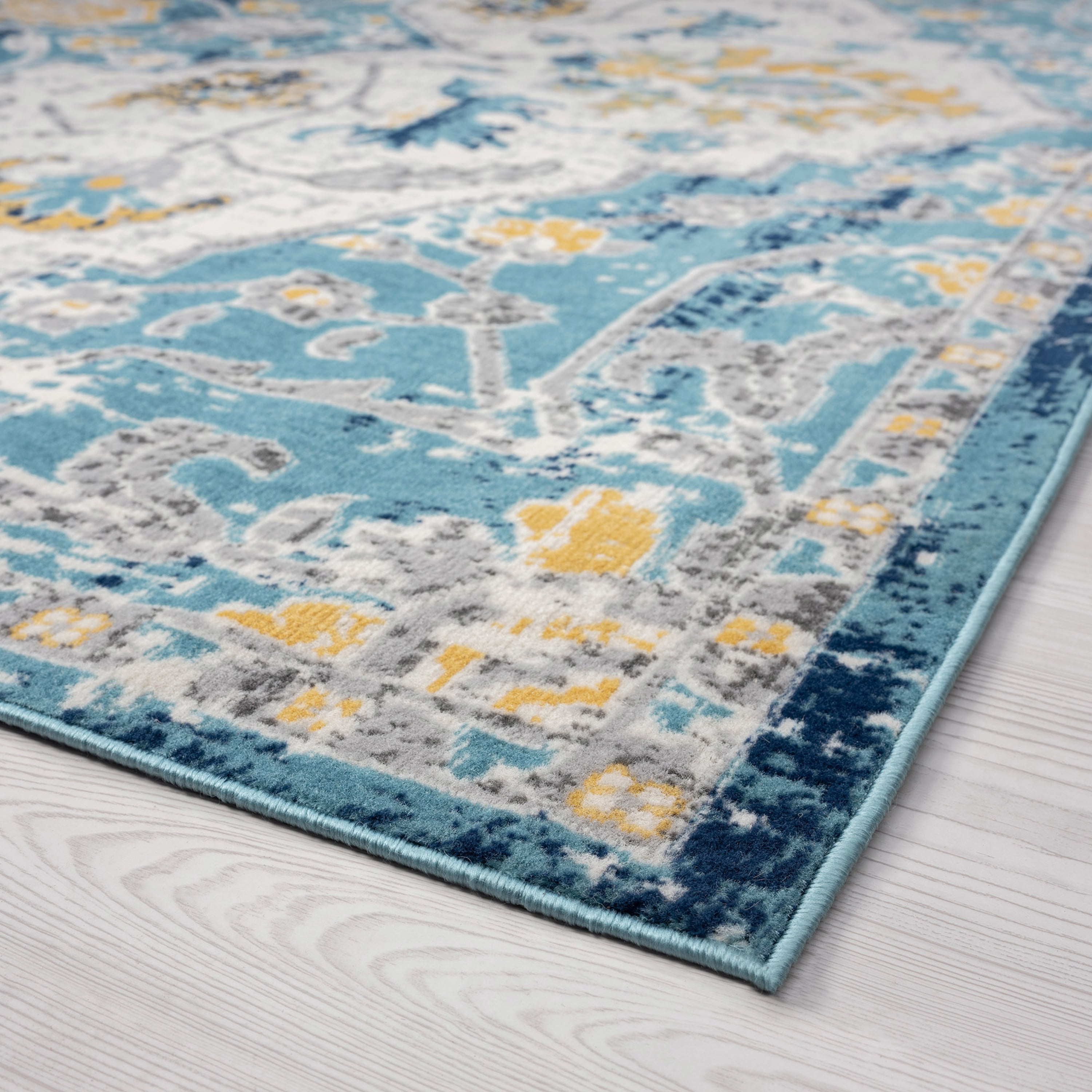 Transitional 5x8 Area Rug (5'3'' x 7'3'') Medallion Aqua, Yellow Living Room Easy to Clean
