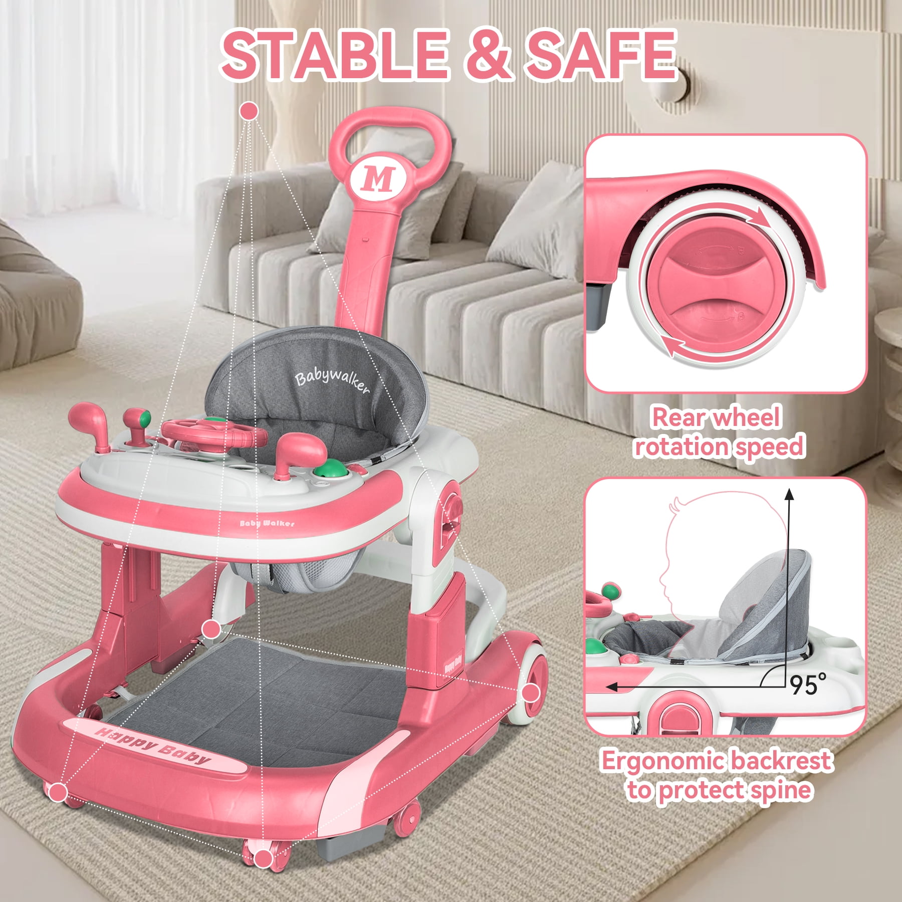RICHYOUNG 5-in-1 Foldable Baby Walker with Wheels Music,Height-Adjustable Push Walker for Girl(Pink)