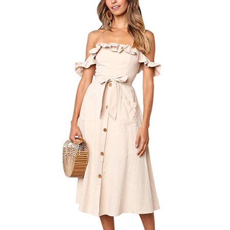 - Women's Sleeveless Off Shoulder Ruffles Midi Long Dress Floral Print Tie Waist Maxi Dress with Pocket