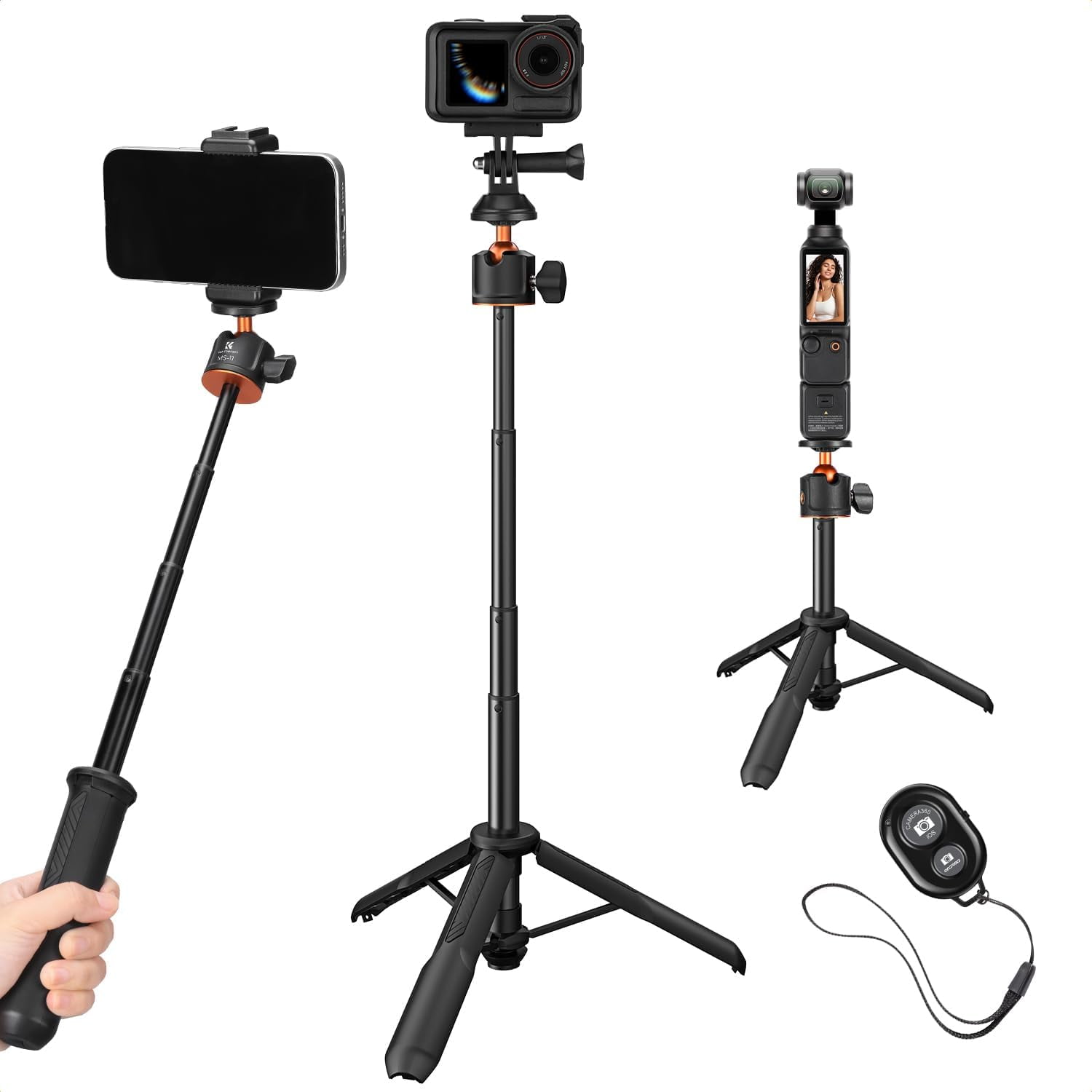 MS11 Selfie Stick Tripod, 60cm/23.6" Extendable Ball Head Vlog Handle for GoPro Hero 13/12/11 Max2 DJI Osmo Nano 360 Pocket 4/3 Action 5 Pro iPhone 17.