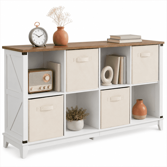Prilinex Farmhouse 8-Cube Storage Organizer with 4 Storage Bins, Low Wooden Cube Bookshelf, Horizontal Bookshelf for Living Room Entryway Bedroom, White