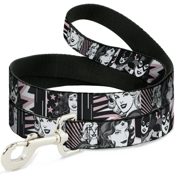 DC Comics Pet Leash, Dog Leash, Batgirl Wonder Woman Supergirl Retro Panels Black Pink White, 4 Feet Long 1.0 Inch Wide