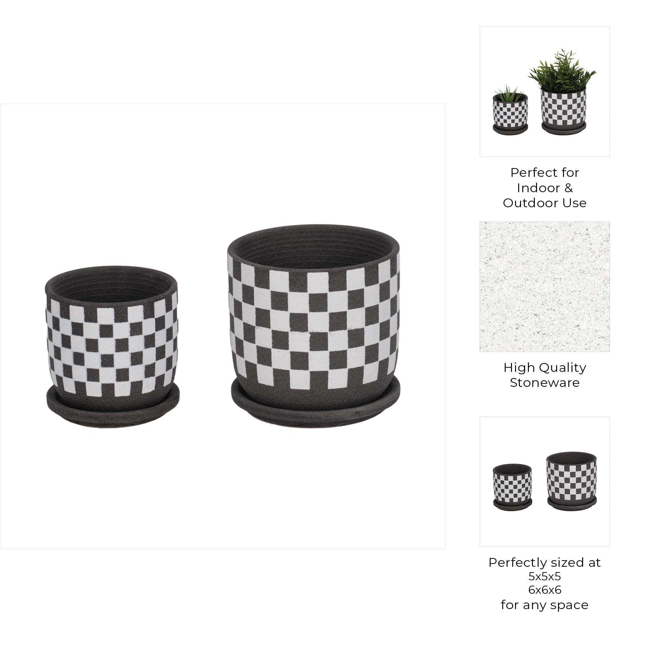 Round Checker Pattern Saucer Planters for Garden Decor - Ceramic Planter for Home and Living Room Decor - Sleek Flower Pots for Indoor and Outdoor Plants - Set of 2, 6", 5", Black & White