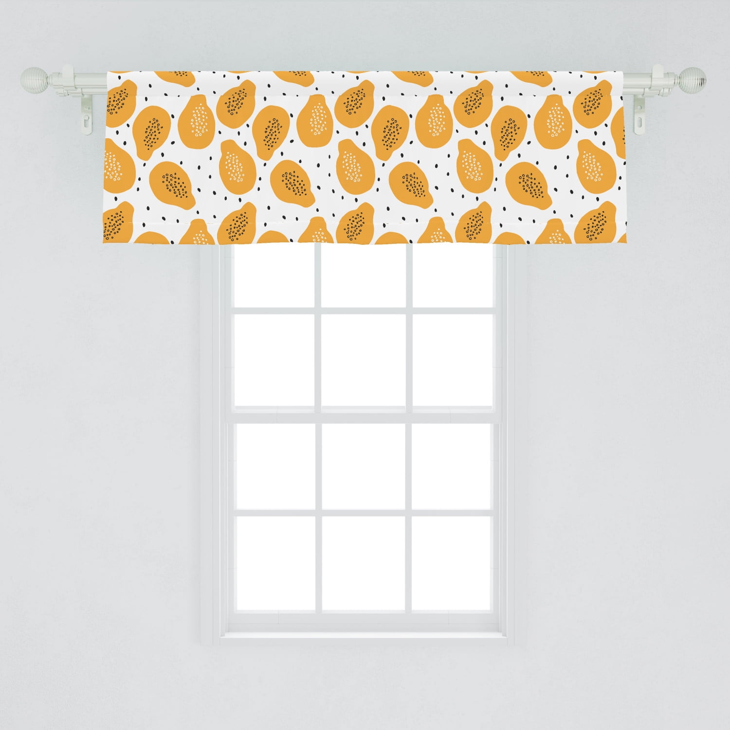 Summer Orange Window Valance, Fruit Motifs of Papaya and Seeds on Plain