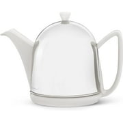 Cosy Manto Teapot, 1.0-Liter, Ceramic Spring White with felt-lined stainless steel cosy.