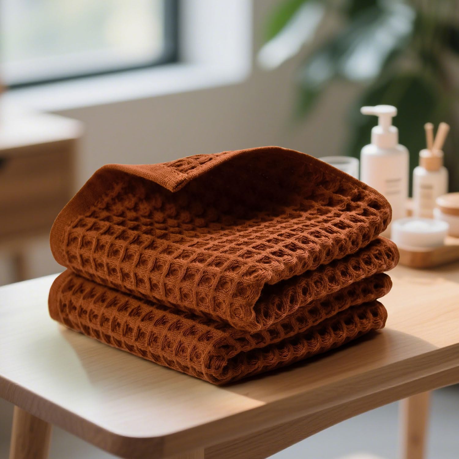 Waffle Hand Towels for Bathroom Kitchen 2-Piece (Rust) – Cotton Quick Dry, Super Soft, Absorbent Towels for Fall Decor, 13x29”