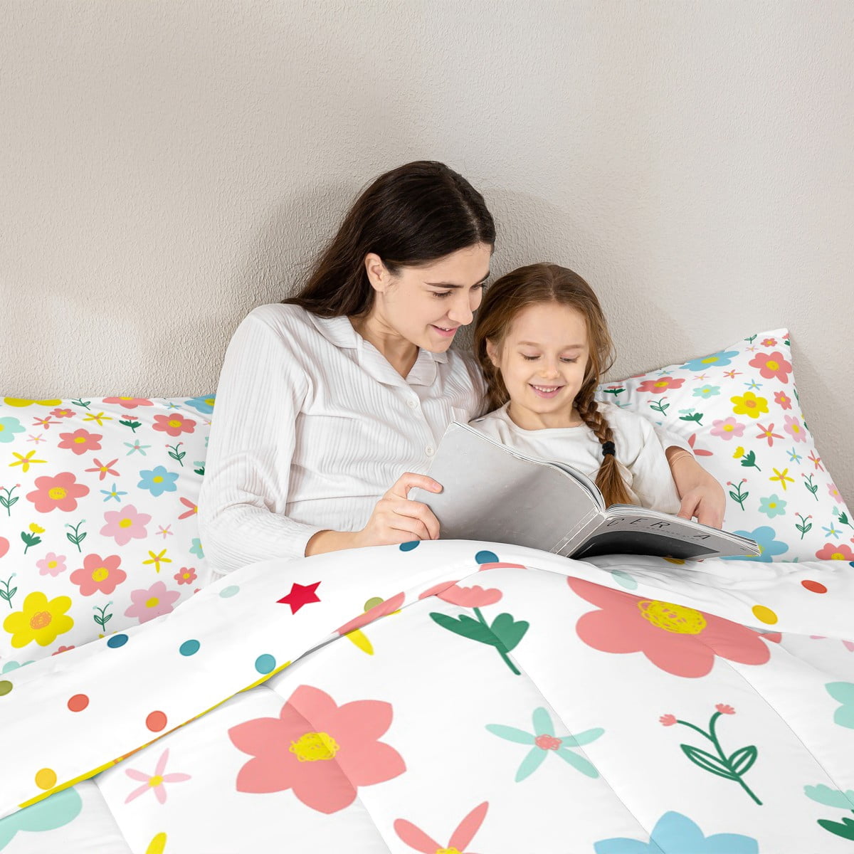 jejeloiu Kawaii Floral Daisy Bedding Comforter Set 7 Pieces,Botanical Flower Leaves Full Bedding Set,White Pink Yellow Fitted Sheet Flat Sheet For Girls,Breathable Bedroom Decor Reversible
