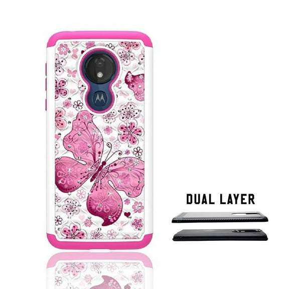 Phone Case for Straight Talk Moto g7 Optimo/ Motorola Moto G7 Play, Studded Rhinestone Crystal Bling Dual Layer Shockproof Cover Case (White Pink Butterfly)