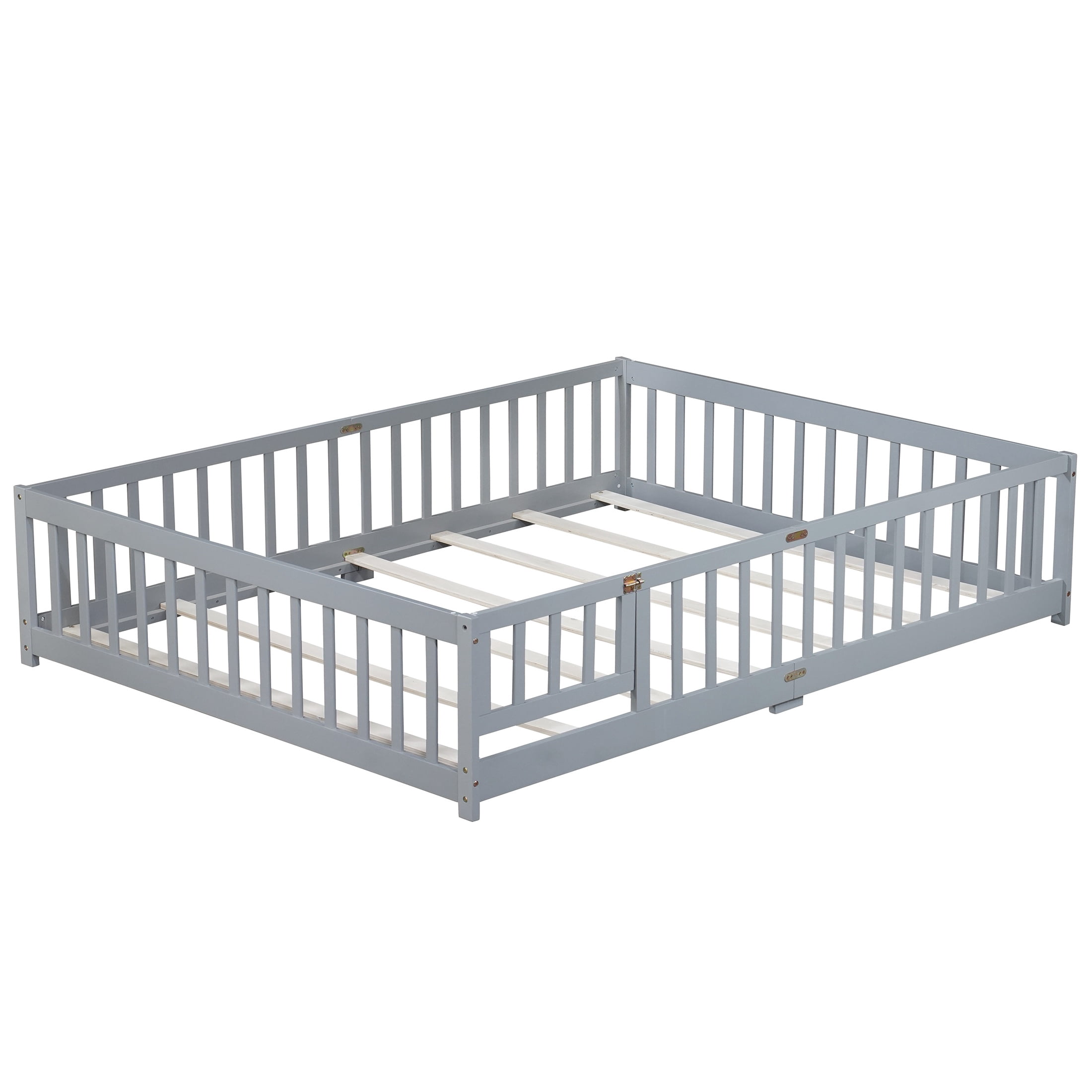 UHOMEPRO Queen Size Floor Bed with Door and Fence for Kids, Toddler Bed Montessori Floor Bed with Slats and Safety Guardrails, Solid Wood Queen Bed Frame for Girls Boys Kids Bedroom, Gray