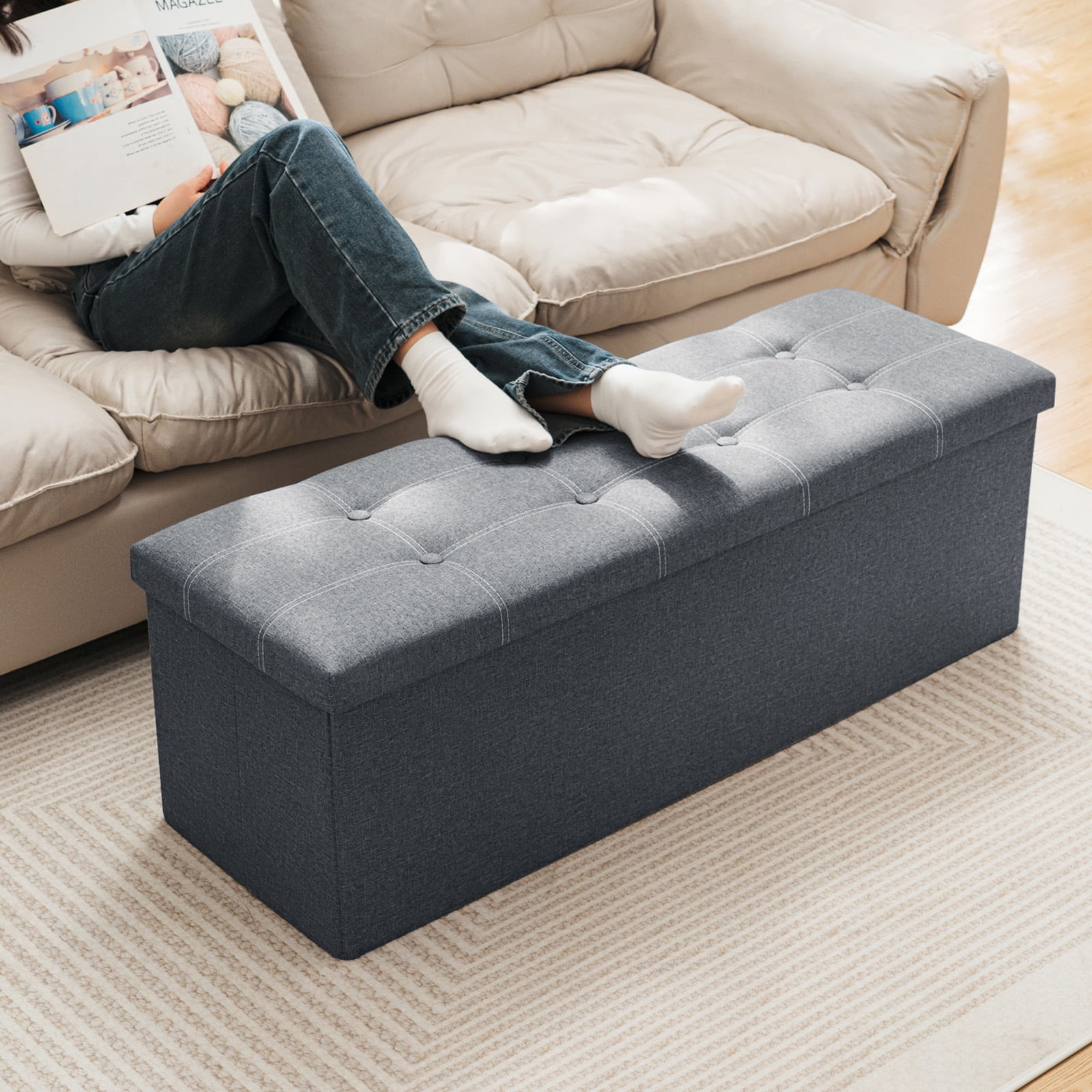 Lusimo 43" Storage Ottoman Bench with Divider, Multifunctional Foot Stool, Toy Chest & Shoe Bench for Bedroom, Living Room, and Entryway, Foldable Storage Chest with Seating, Gray