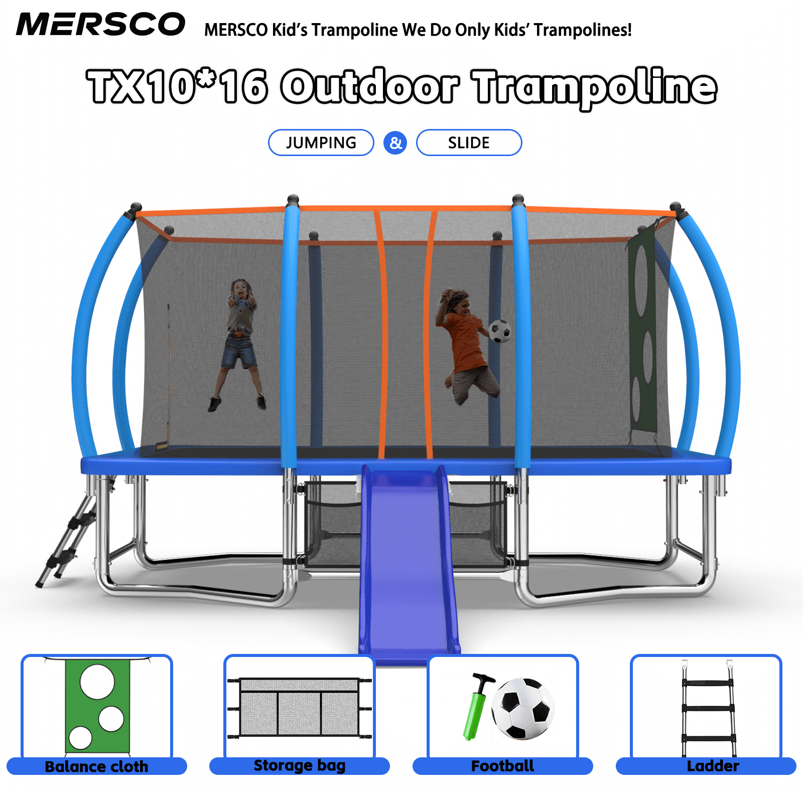 Mersco 8x14ft Large Rectangle Trampoline with Enclosure Net , Slide Outdoor Big Trampoline for Backyard,Kids Trampoline with Basketball Hoop,Birthday and Holiday Gifts for Kids,Blue