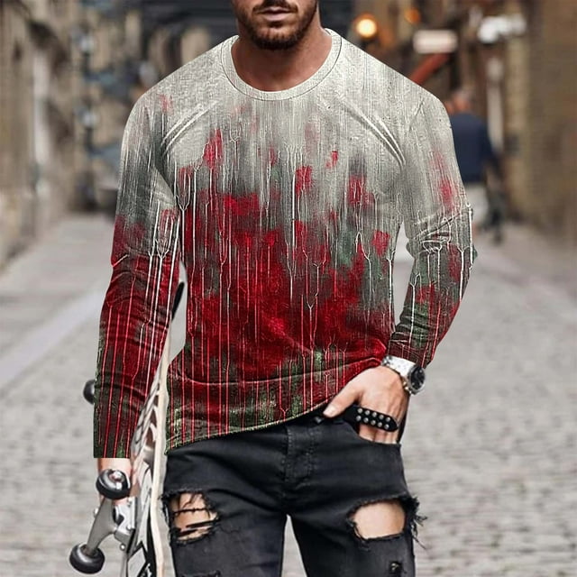 Chmadoxn Blouses & Chemises à Manches Longues Col Rond Hommes Décontracté Col Rond Chandail à Manches Longues Mode Halloween T-Shirt Imprimé Blouse Hauts Hommes Blouse en Polyester