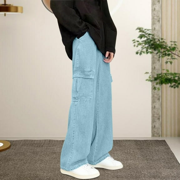 Teen Boys Baggy Jeans Vintage Straight Leg Denim Cargo Pants with Pockets Light Blue XL