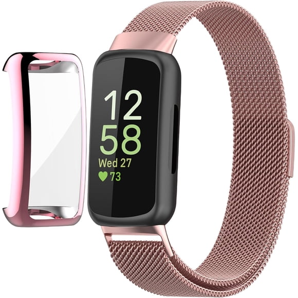 MYKOMI Compatible for Fitbit Inspire 3 Bands with Case, Metal Braided Strap Magnetic Clasp, Stainless Steel Mesh, Soft TPU Bumper Cover for Men Women