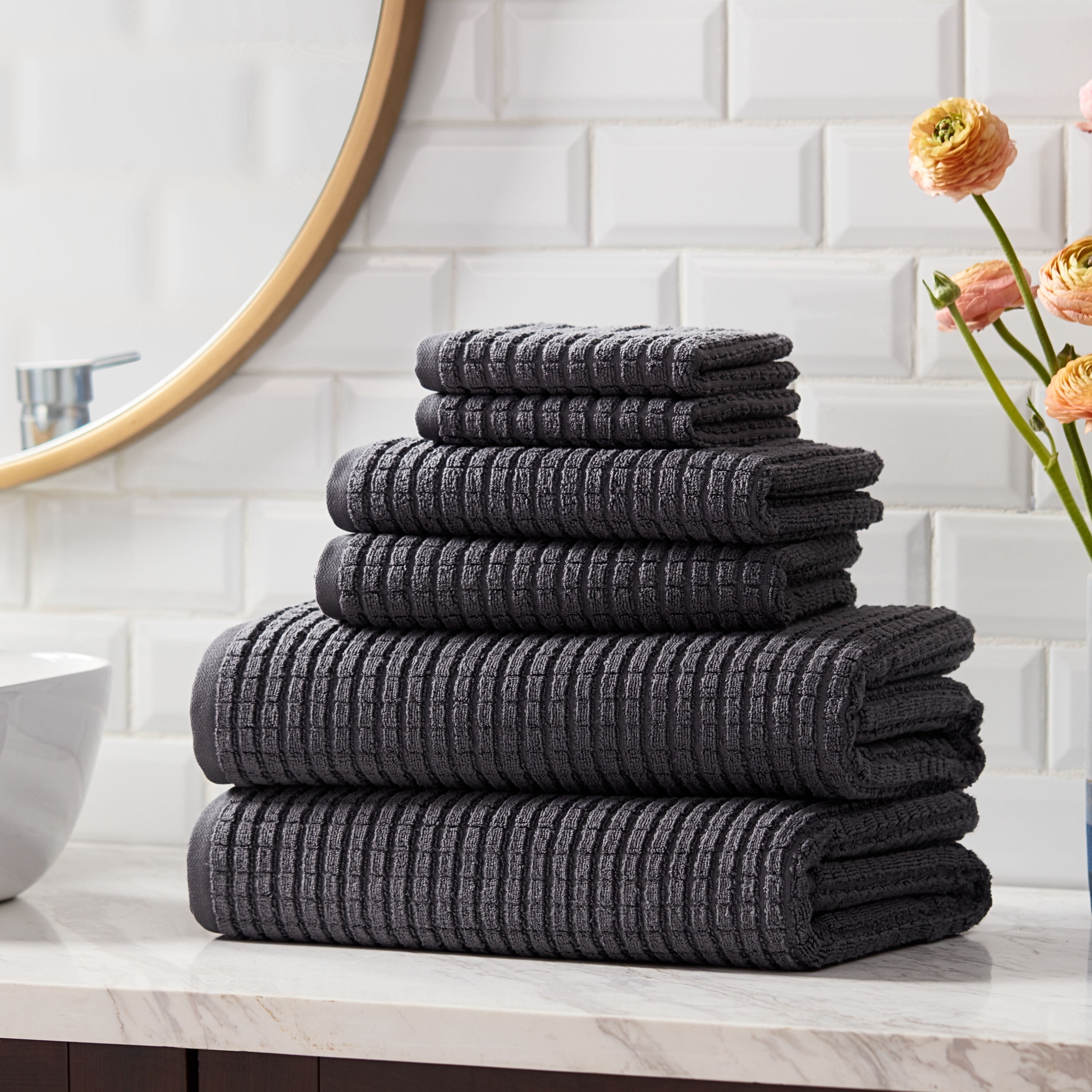 Hotel Style 6-Piece Egyptian Cotton Textured Bath Coordinate Towel Set, Charcoal Sky