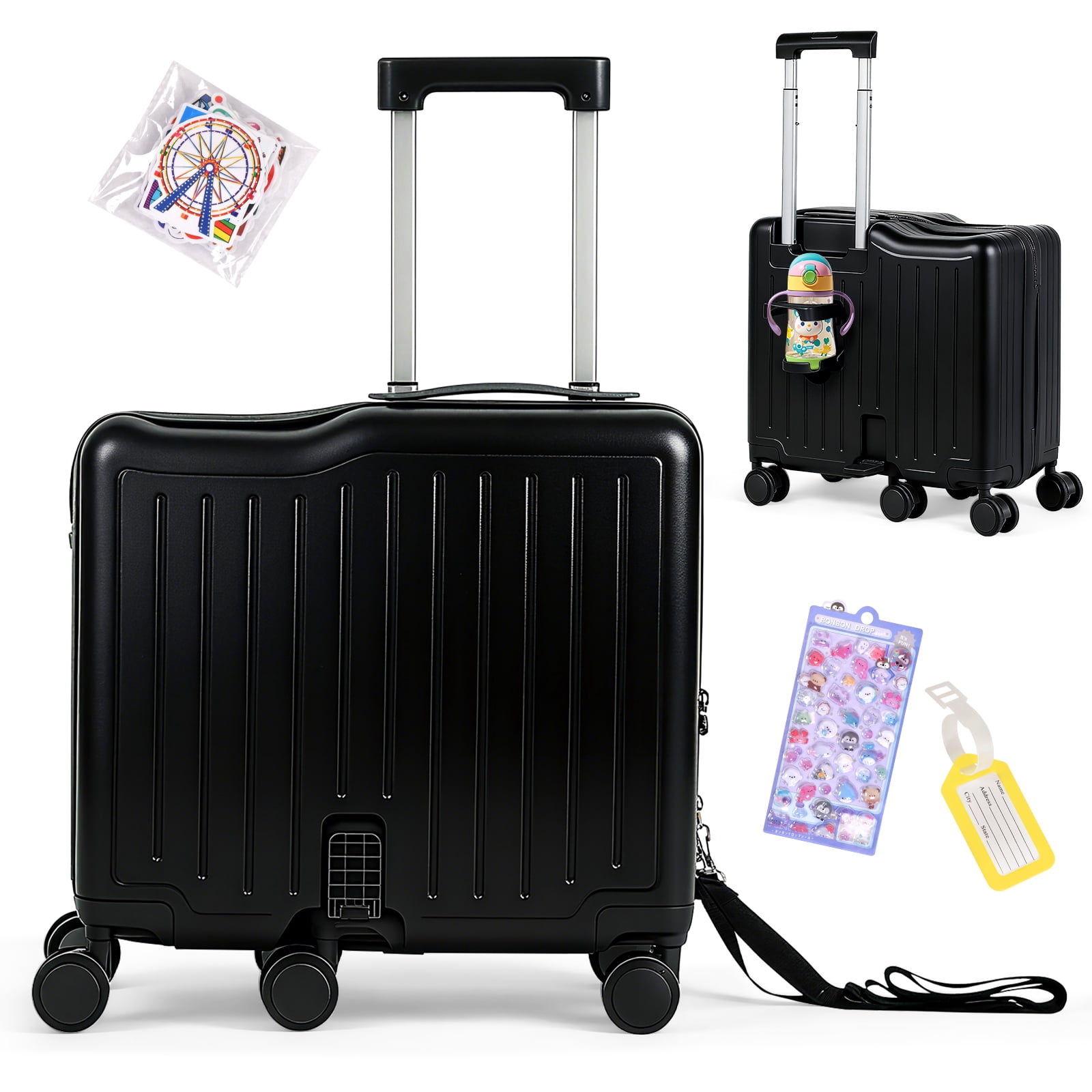 Advwin Ride-On Kids Luggage with Pull Strap, Footrests, Cup Holder, 6 Wheels & Adjustable Handle, 18-Inch Spinner Suitcase with Stickers & Boarding Pass, Black