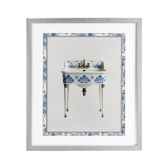 Vintage Chinoiserie Sink Gray Framed Print Under Glass, design by Lettered and Lined