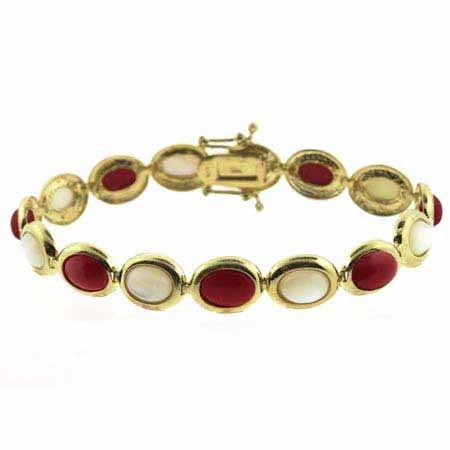 18K Gold over Sterling Silver Mother of Pearl & Simulated Red Coral Oval Link Bracelet by SilverSpeck