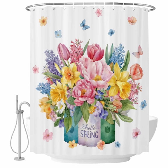 Spring Flowers Shower Curtain, Waterproof Shower Curtains for Bathroom, Watercolor Floral Leaves Butterflies Plant Washable Fabric Bathtub Curtain Set Bath Decor with 12 Hooks Stall 36"x72"