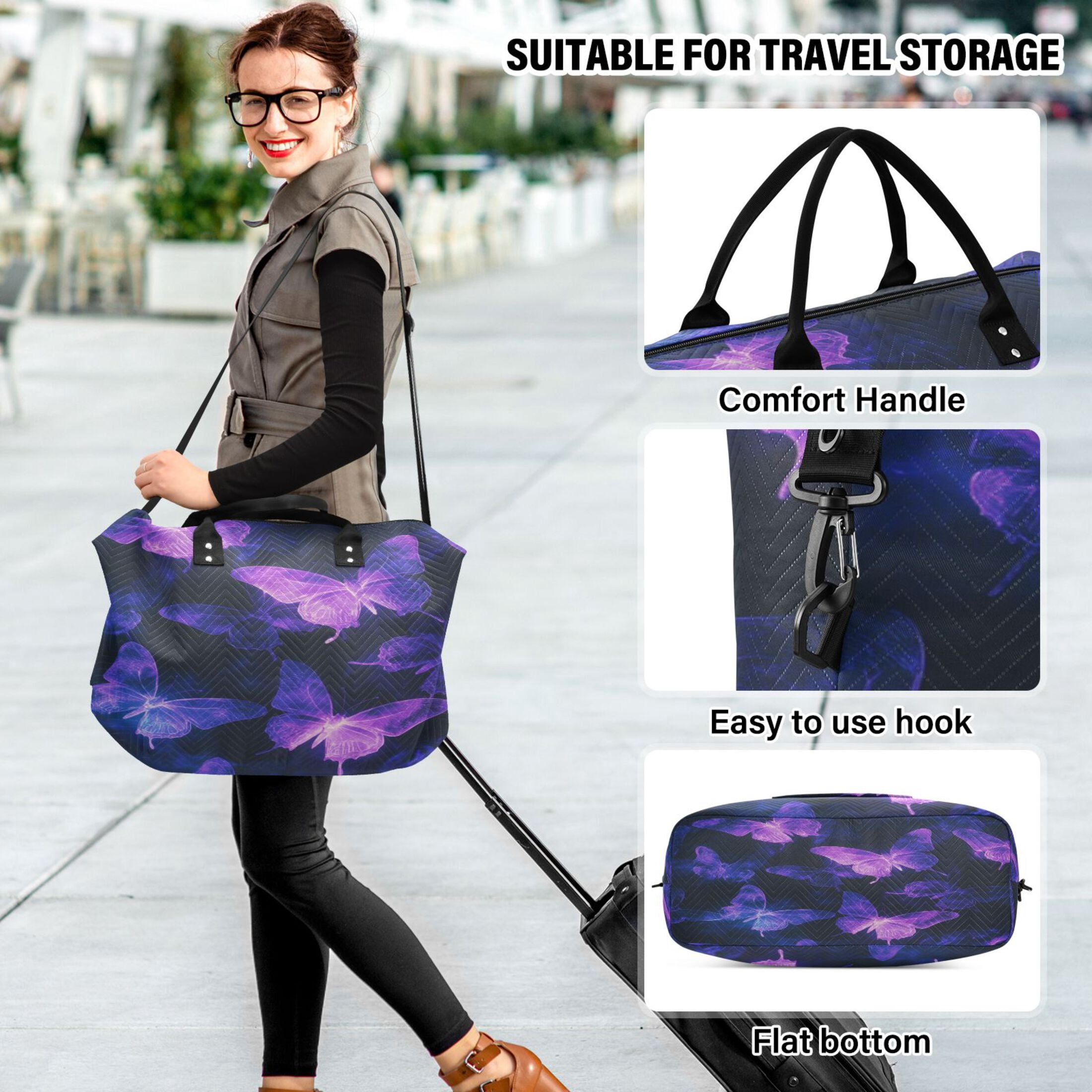 Travel Duffel Luggage Bag Sports Duffle Bag Gym Bag with Zipper Purple Glowing Butterflies