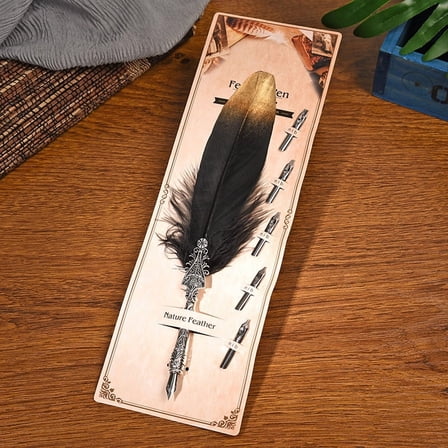 2pc Feather Quill Pen Vintage Feather Dip Ink Pen Zinc Alloy Pen Stem Writing Quill Pen Calligraphy Pen As Christmas Birthday Gift Black 25~30cm