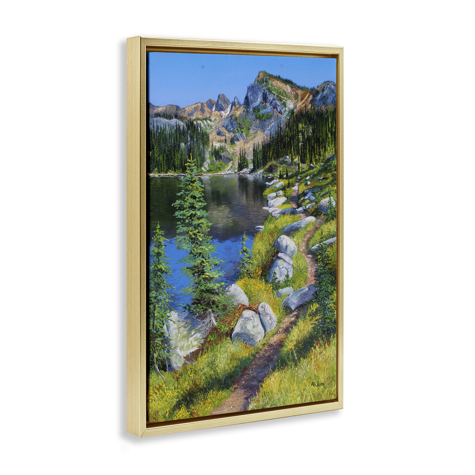 Stupell Industries Alpine Lake Landscape Landscape & Nature Painting Gold Floater Framed Canvas Art Print Wall Art, 17 x 25