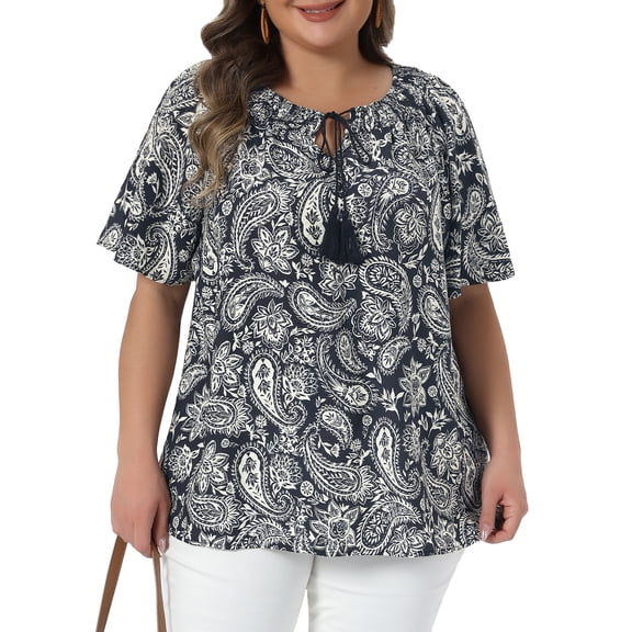 DARING DIVA Women's Plus Crew Neck Boho Print Blouse Vacation Casual 1X Black