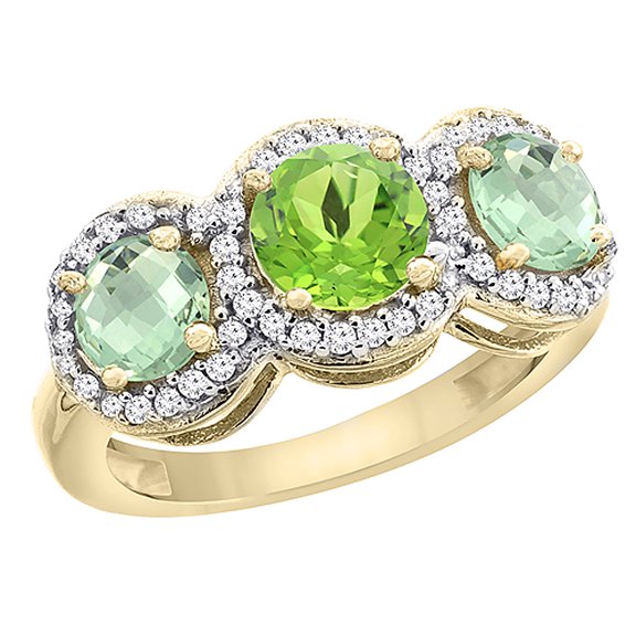 14K Yellow Gold Natural Peridot & Green Amethyst Sides Round 3-stone Ring Diamond Accents, size 10