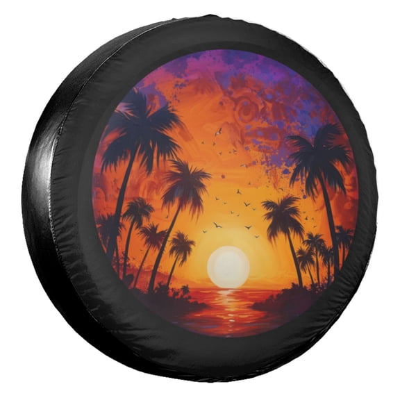 KAKALAD Sunset palm trees Spare Tire Cover Universal Vehicle Accessories Buckle Car Tools 14”in