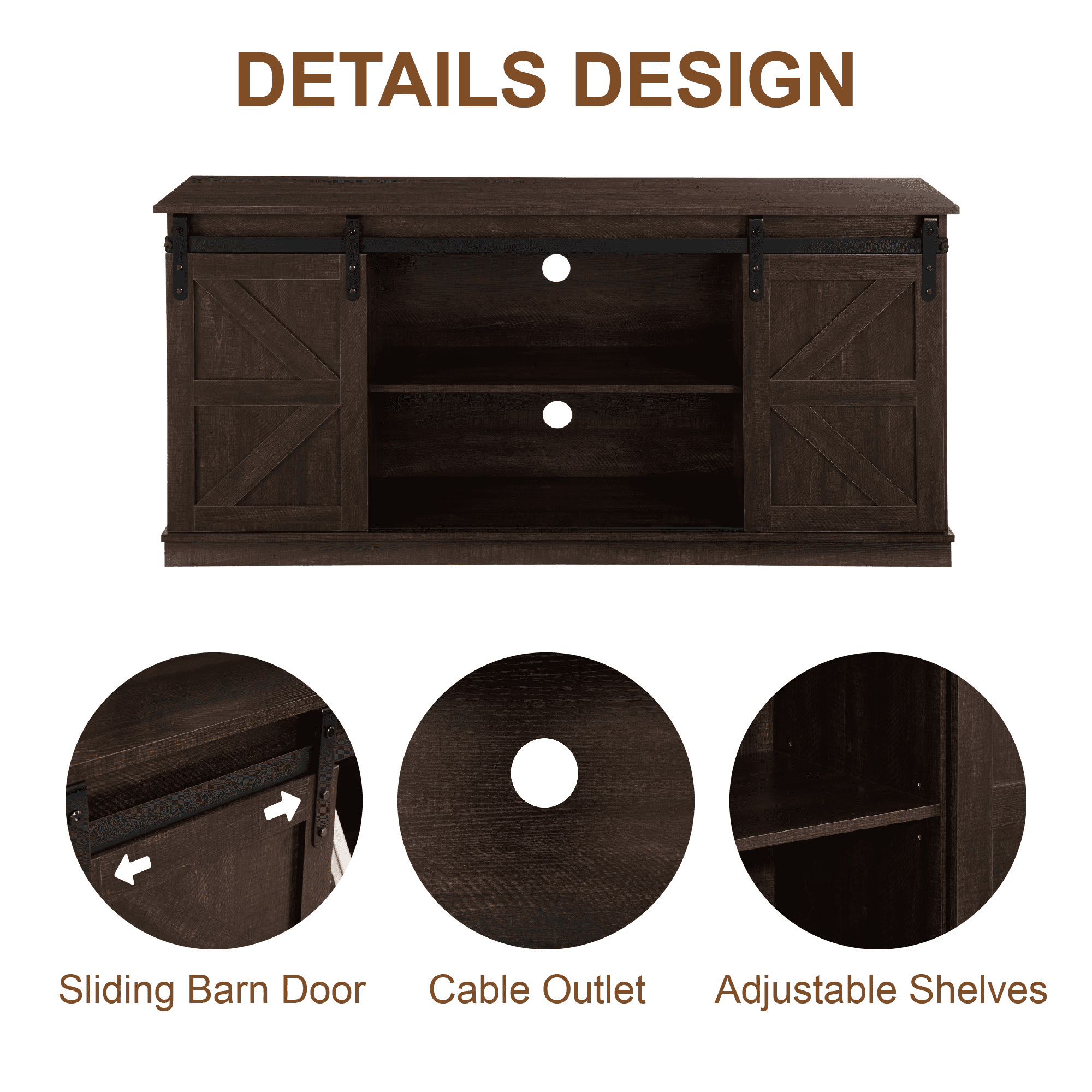 MAYEERTY 58" Farmhouse TV Stand with Sliding Barn Doors, Storage Cabinets for TVs Up to 65", Brown