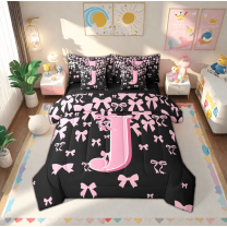 jejeloiu Initial Letter J Bedding Comforter Set 7-Piece,Kawaii Bow Bowknot King Bedding Sets,Light Pink Black Bed Sheets For Girls,Breathable Bedroom Decoration Reversible