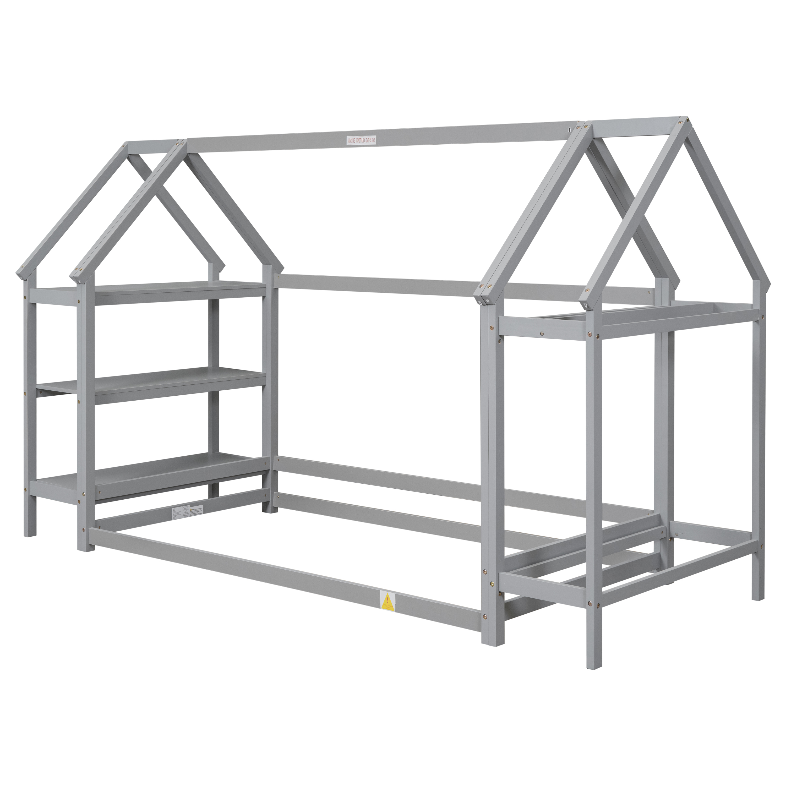 Euroco Wood Twin House-Shaped Floor Bed with Moveable Shelf and Wardrobe for Kids, Gray