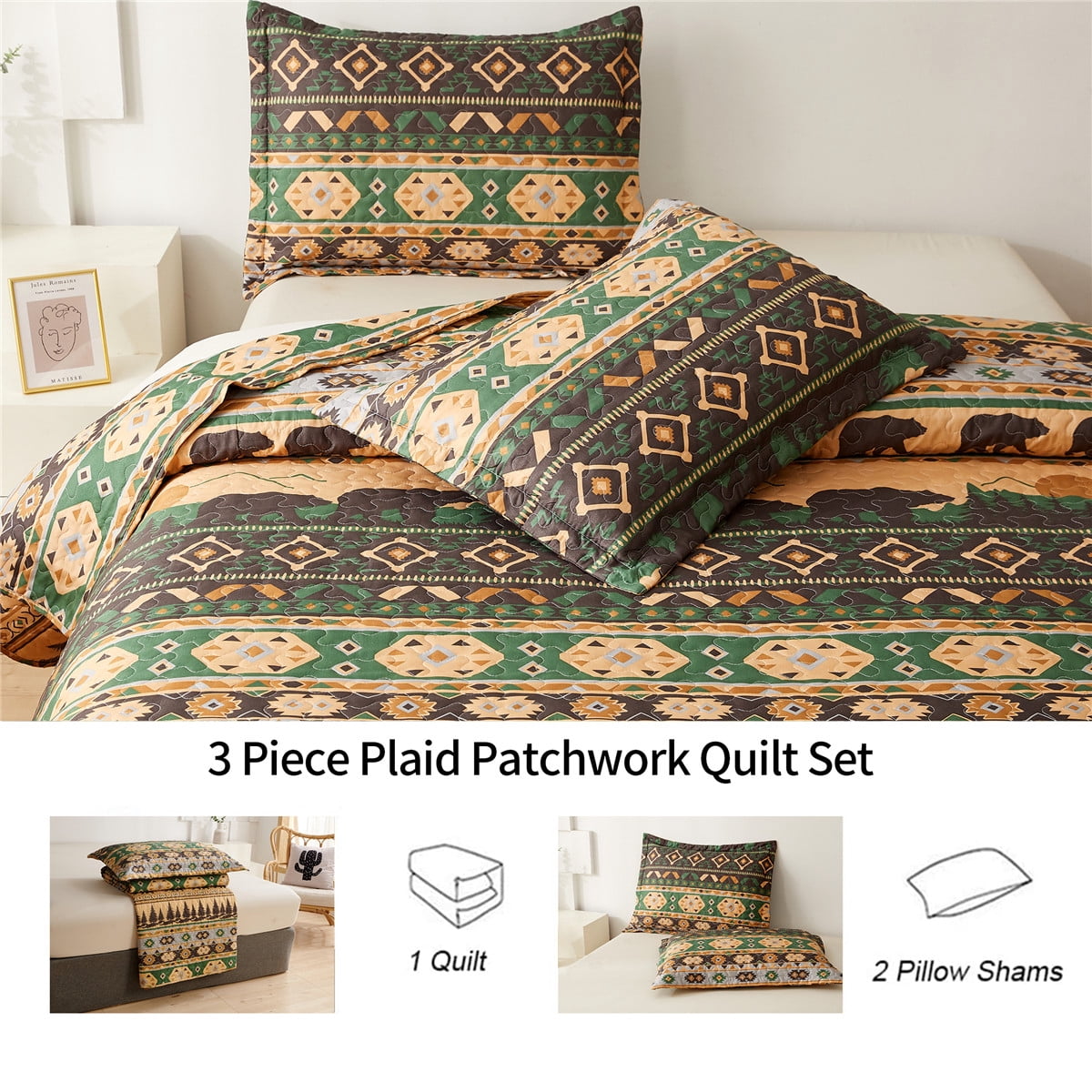 Beartech Quilt Set Queen Size Rustic Forest Bear Pattern Quilt Lightweight Reversible Microfiber Bedspread Coverlet Bedding Set