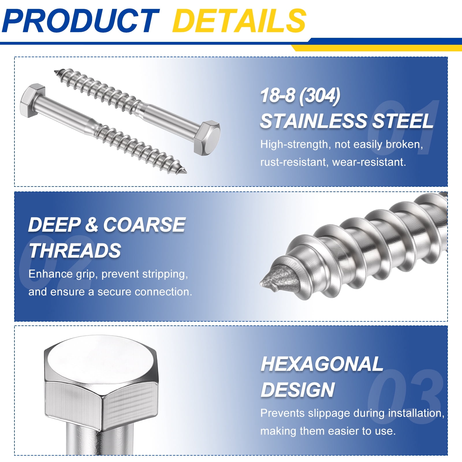 Uxcell 25 Pcs Hex Head Lag Screws - 1/4"x3" Stainless Steel 18-8 (304) Lag Bolts Hexagon Head Heavy Duty Wood Screws for Wood, Decks, Fences, Furniture, Silver