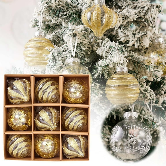 9Pcs Christmas Ball Ornaments Set, Clear Glitter Hanging Decorations, Shatterproof Baubles for Christmas Tree Home Wedding Party Office Decor (Gloden, One Size)