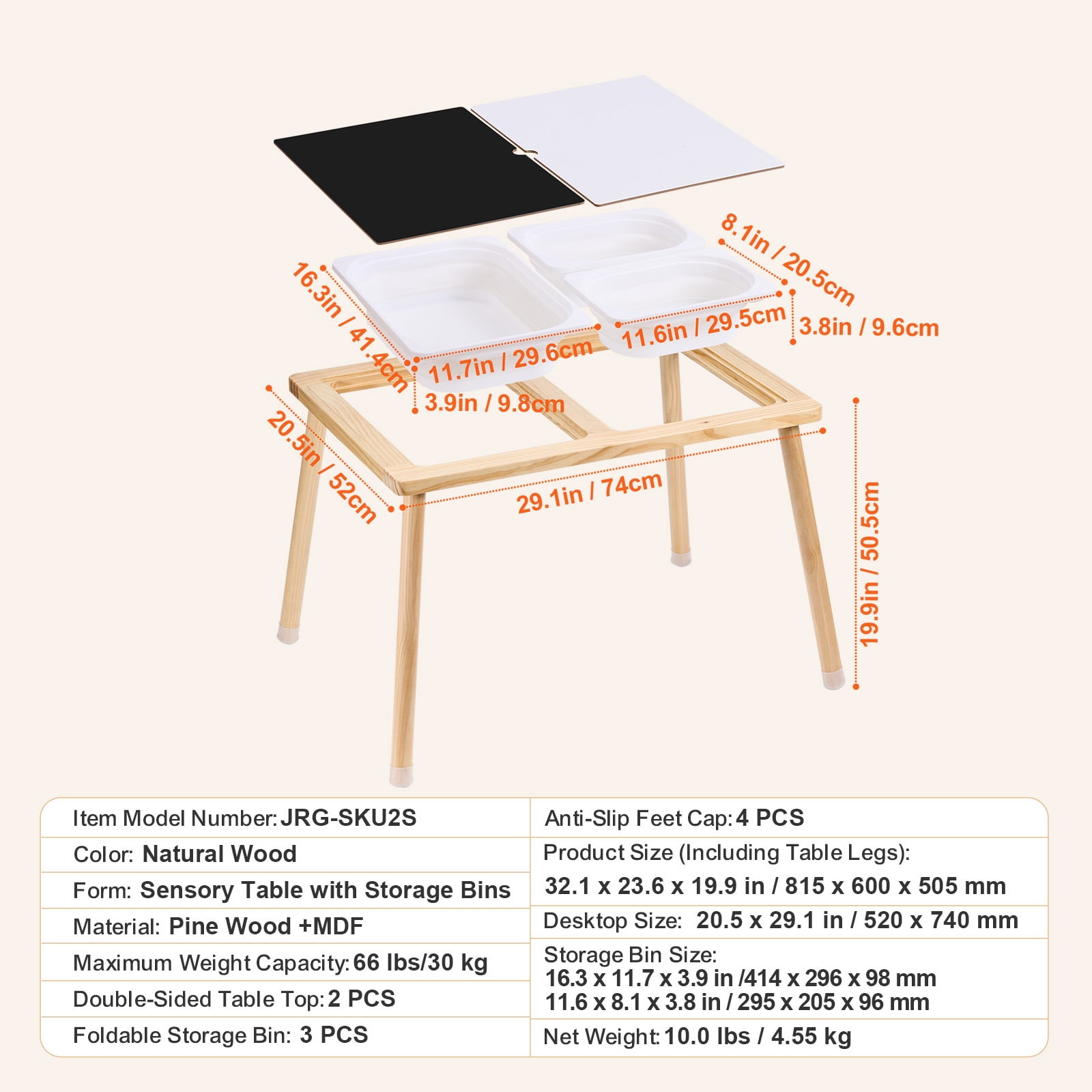 KFFKFF Kid's Sensory Table, Children's Exploration Table with 3 Collapsible Storage Containers & Dual-Faced Board, Wooden Activity Table for Drawing