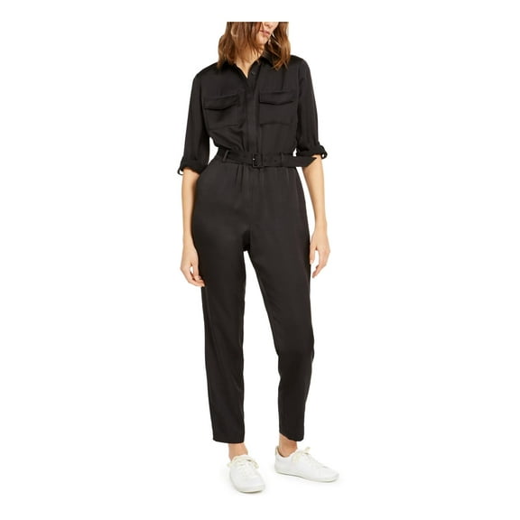 INC Womens Button Front Pockets Jumpsuit Black 12