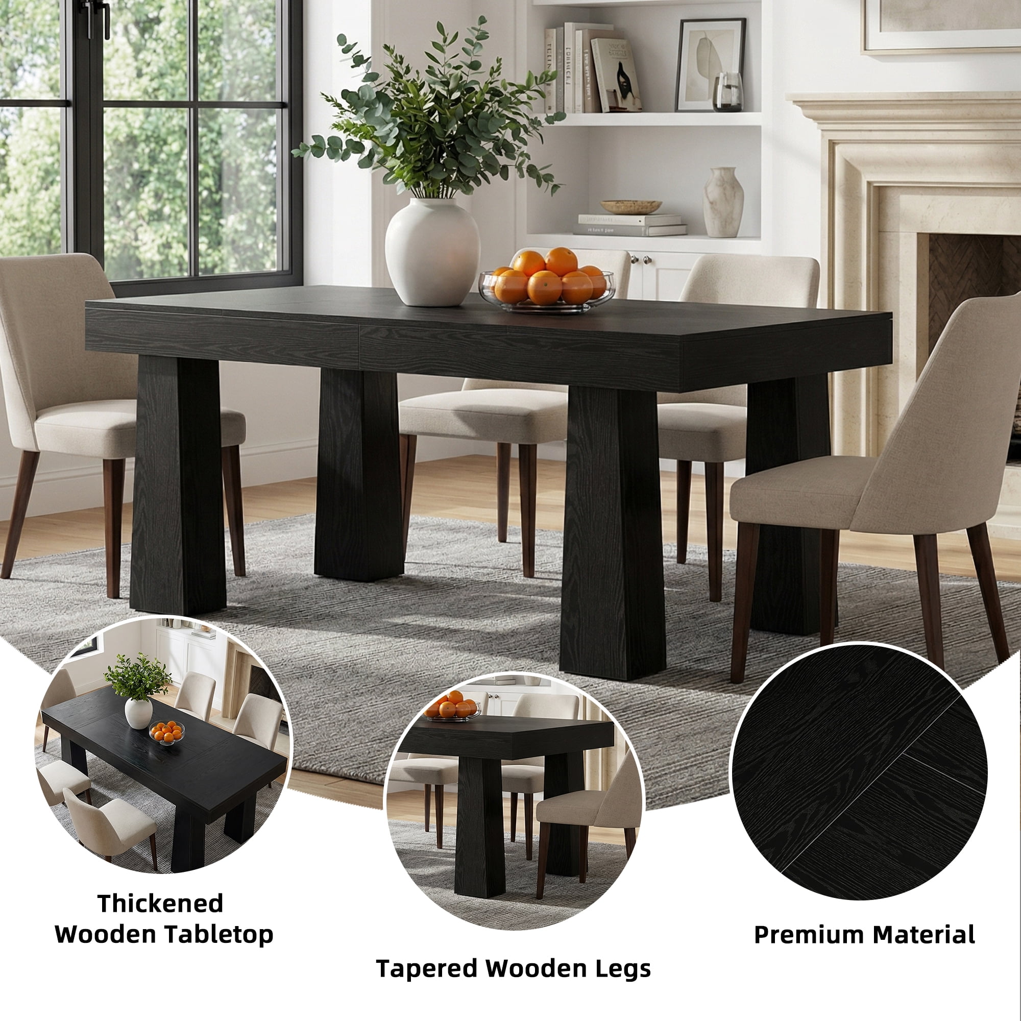 MAYEERTY 63 Inch Modern Rectangular Dining Table, Black Kitchen Dinner Table with Tapered Legs for 4 to 6 People