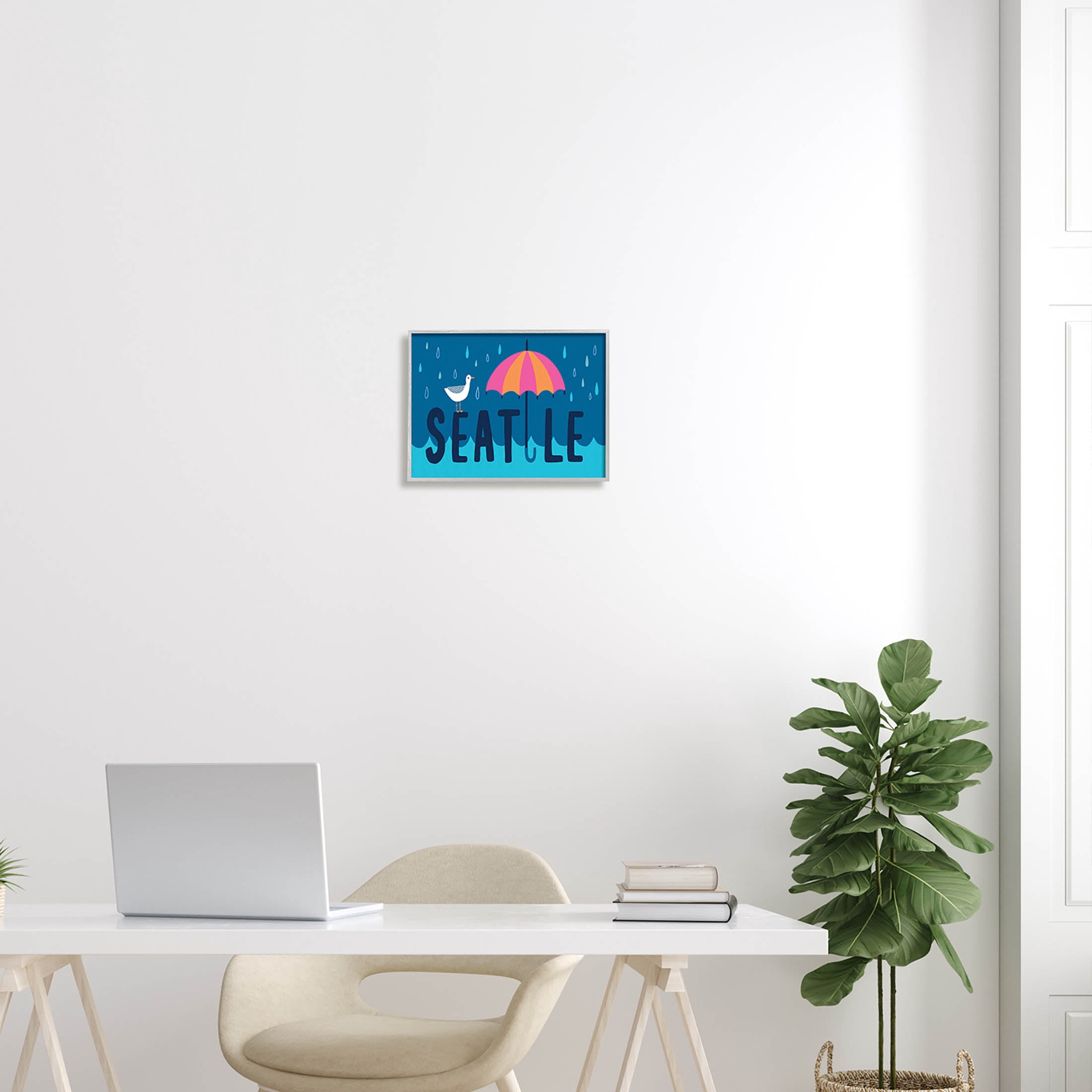 Seattle Raindrops Falling Seagull Animals & Insects Graphic Art Gray Framed Art Print Wall Art