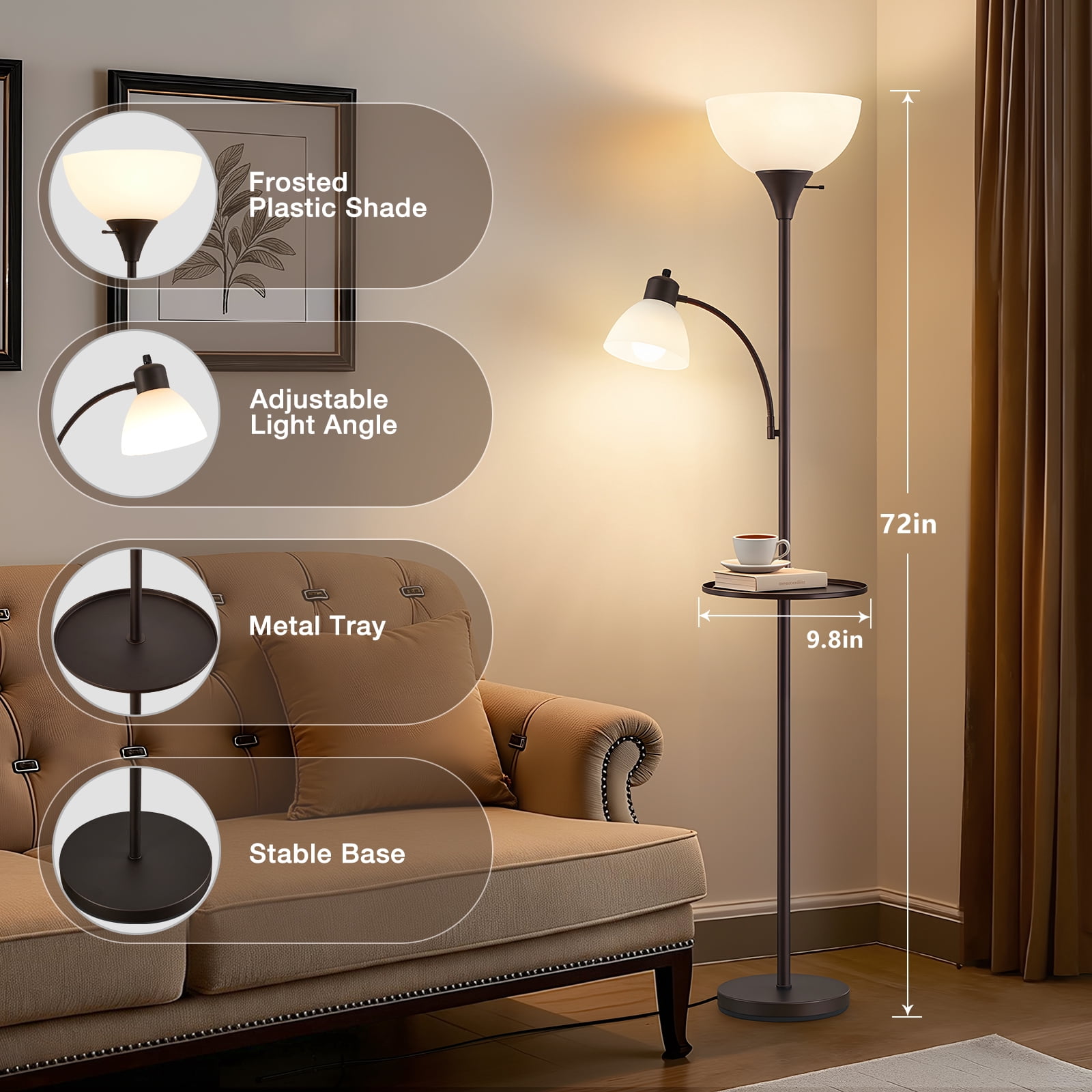 NATYSWAN 72" Floor Lamp with Table, Adjustable Reading Lights, Modern Torchiere Floor Lamps for Living Room, Bedroom, Office, Brown Bulb not Included