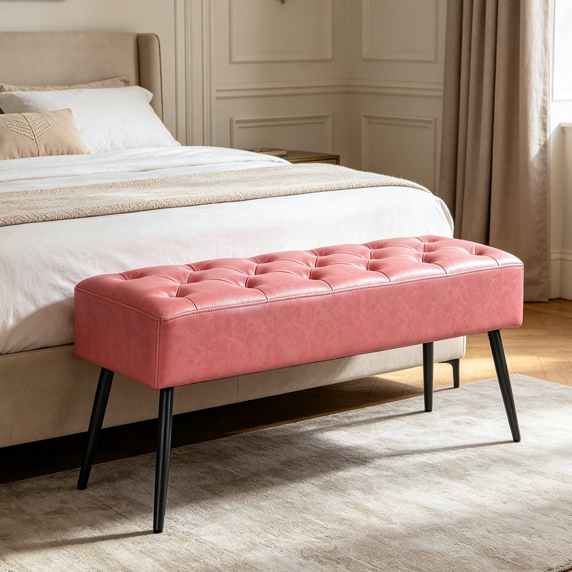 Abble 38" Wide Upholstered Entryway Bench, Tufted Ottoman Bench, Small Bed Room Bench,Casual Dining Room Bench, Pink