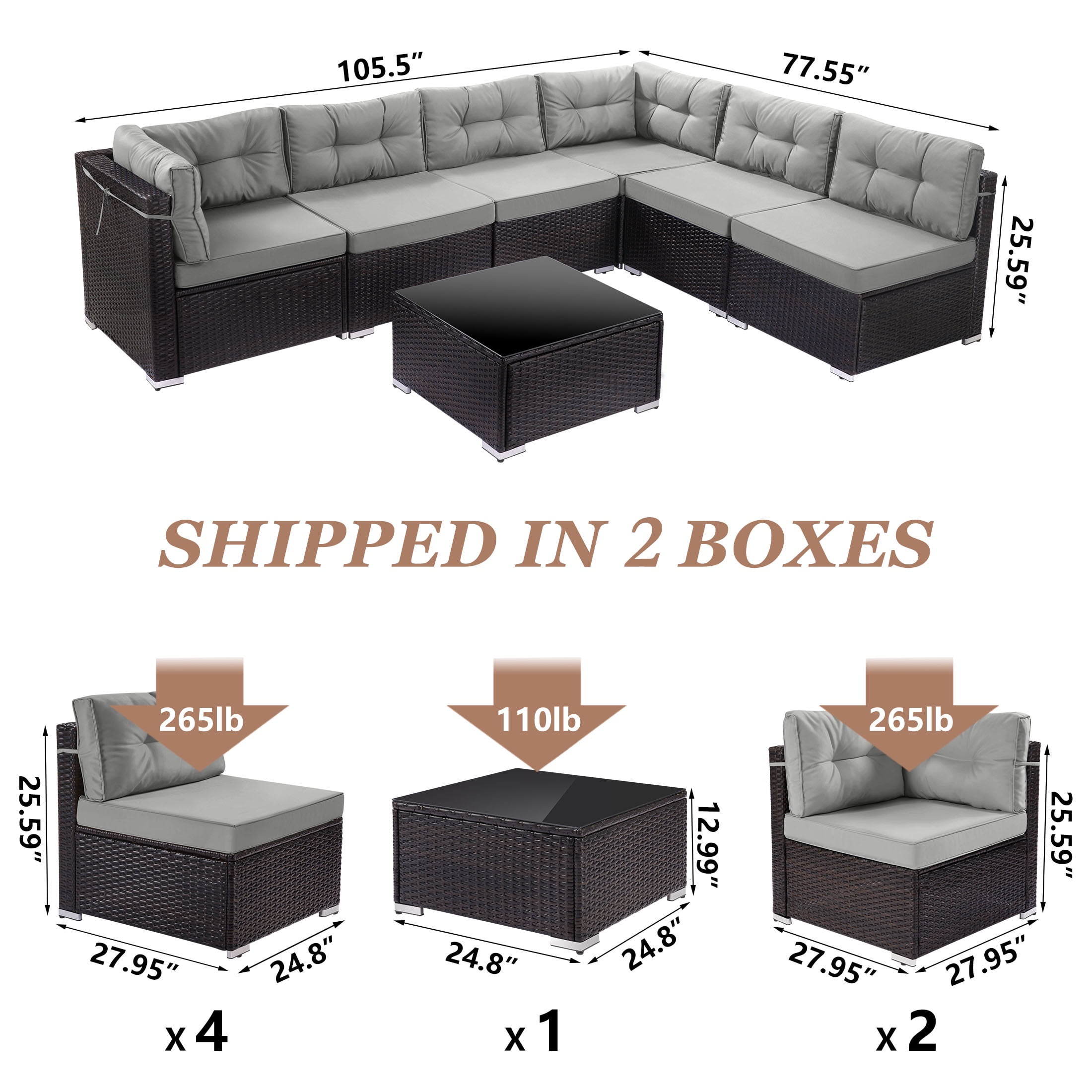 7 Piece Rattan Sectional Sofa Set, Outdoor Conversation Set, All-Weather Wicker Sectional Seating Group with Cushions & Coffee Table, Morden Furniture Couch Set for Patio Deck Garden Pool