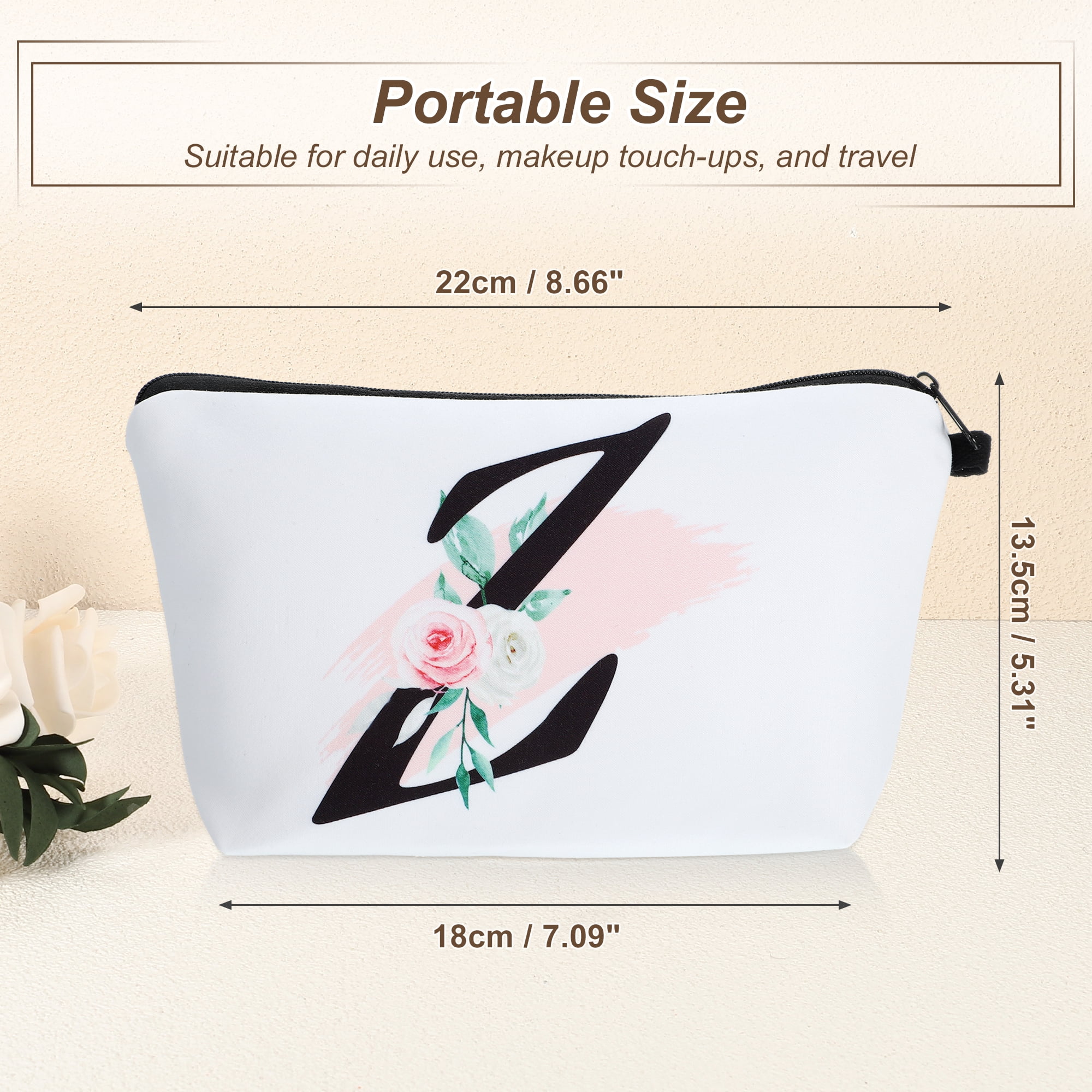 Unique Bargains Personalized Makeup Bag Z Letter Purse Small Cosmetic Bag Zipper Monogrammed Makeup Bag Pouch White