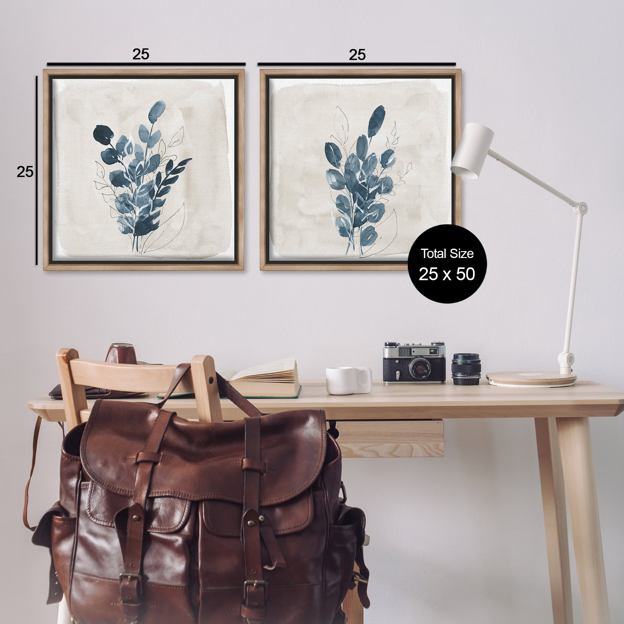 Stupell Industries Blue Summer Leaves Plants & Flowers Painting Brown Floater Framed Canvas Art Print Wall Art, 25 x 25, Set of 2